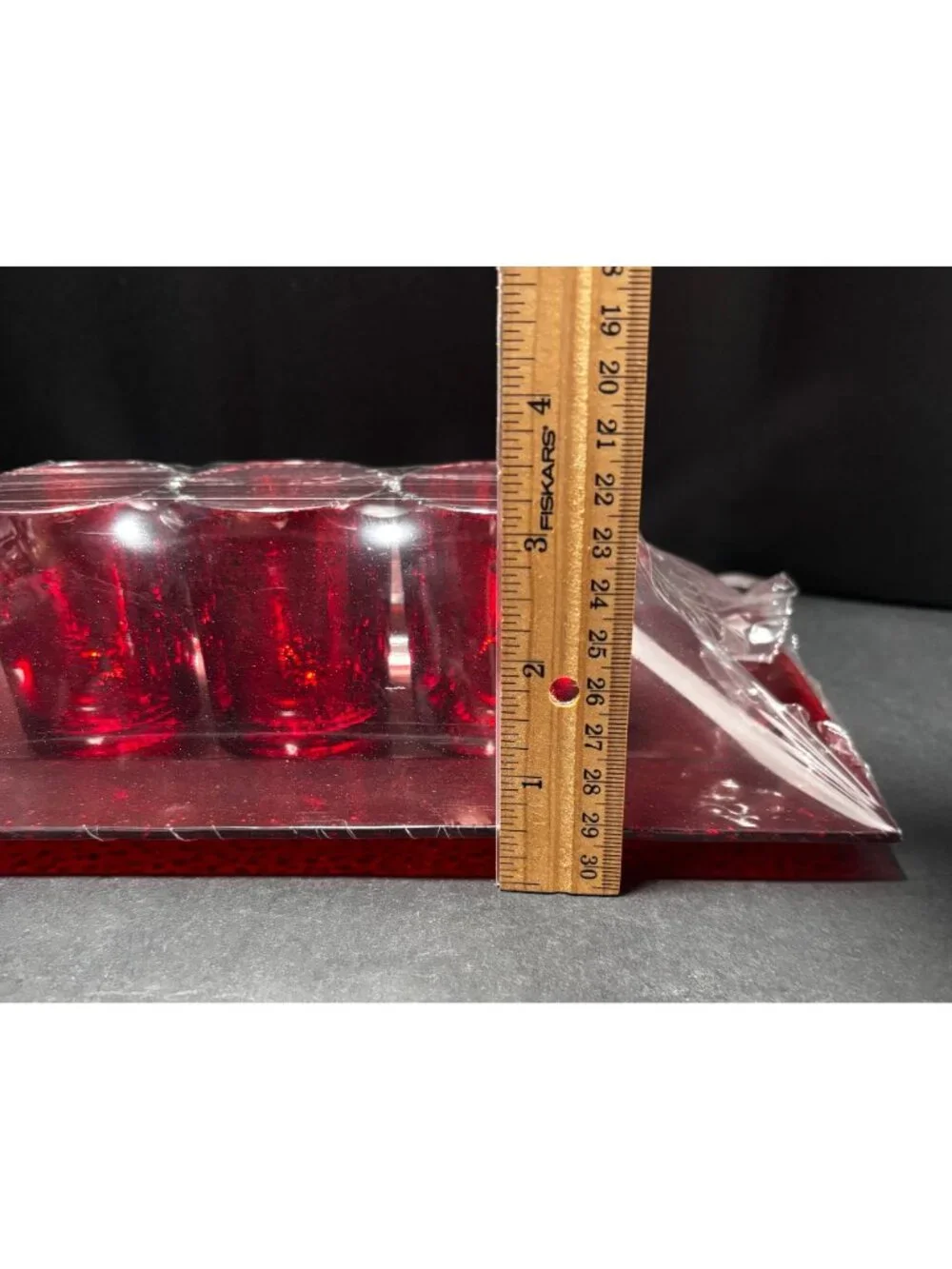 Red Glass Tealight Holder Set With Tray & Decorative Stones 3pc Holiday Festive